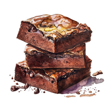 Sweet and Fudgy Brownies in Watercolor Paintings. Generative AI