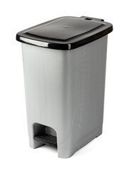 Gray plastic waste bin isolated on white