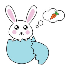 The rabbit sits in an eggshell and thinks about a carrot