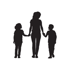 Woman walking with two kids vector silhouette. Single mother walking two kids silhouette.