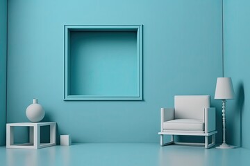 Everything in the room, from the walls to the furniture, is a soothing pastel blue. There is copy space on a light background. in the context of desktop wallpaper, PowerPoint slides, or picture frames
