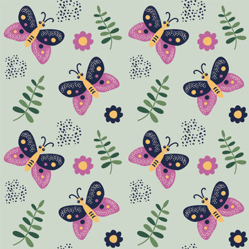 Seamless pattern with butterfly, flowers and leaves. Insect and plants. Vector illustration in cartoon style.