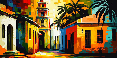 Abstract painting concept. Colorful art of a Caribbean urban landscape. Cuban culture. Generative AI.