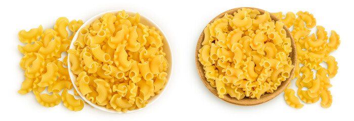 Pasta cornetti creste macaroni in bowl isolated on white background with full depth of field. Top view. Flat lay