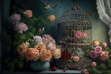 bunch of beautiful roses in wicker basket and vintage bird cages standing in window, AI generated