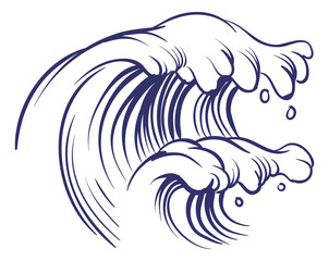 Ocean wave in hand drawn style. Blue pen ink sketch