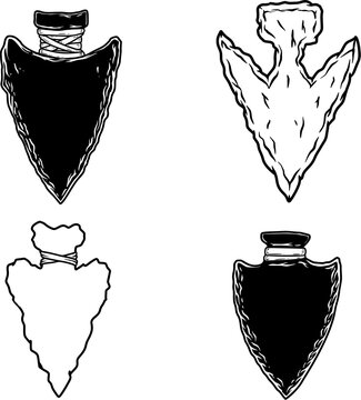 Set of Illustration of stone arrowhead. Design element for poster, card, banner, logo, emblem. Vector illustration