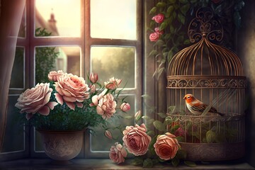 bunch of beautiful roses in wicker basket and vintage bird cages standing in window, AI generated