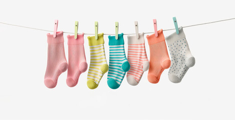 Baby socks hanging on a clothesline. Baby shower concept. Generative AI