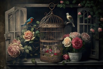 bunch of beautiful roses in wicker basket and vintage bird cages standing in window, AI generated