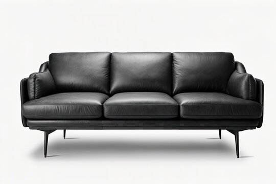Three seat contemporary sofa. Couch in black leather and metal legs on a white background. Interior design that is mid century modern, lofty, rustic, or often found in Scandinavia. Generative AI