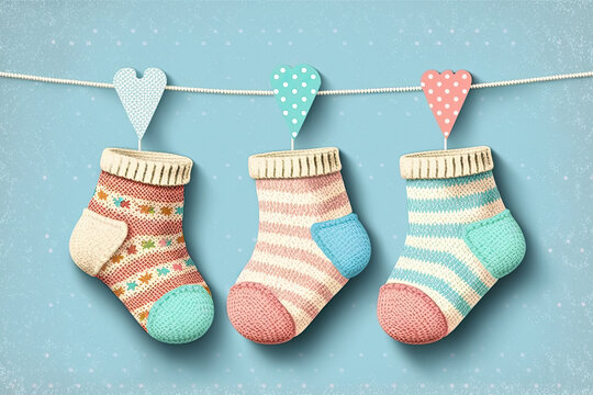 Baby socks hanging on a clothesline. Baby shower concept. Generative AI