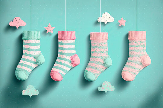 Baby socks hanging on a clothesline. Baby shower concept. Generative AI