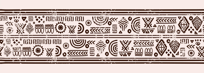 African doodle motifs pattern, Ancient texture drawing decorative horizontal relief adinkra. Fashion textile print vector illustration navajo style.