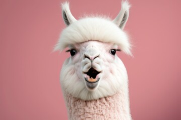 White alpaca on a pink background, looking funny. Generative AI