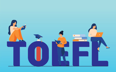 TOEFL banner with character and TOEFL text best illustration for TOEFL exam online reading and online exam with character. Online reading and online exam, learners are learning for TOEFL exam.