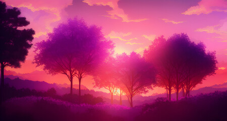 Fototapeta na wymiar AI Digital Illustration Purple and Pink Landscape