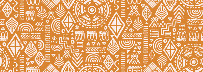 Retro african culture seamless pattern, ancient texture drawing decorative relief adinkra. Fashion textile print vector illustration navajo style.