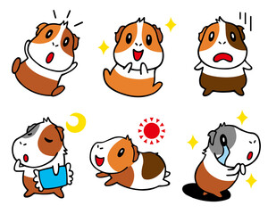 モルモットキャラのゆるい手描きセット6　(嬉しい、あぜん、おやすみ、おはよう 他)