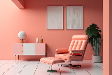 A minimalist, mid century style living room Conceptual living coral decoration a retro pink recliner set against a coral covered wall and a clean white floor. Generative AI