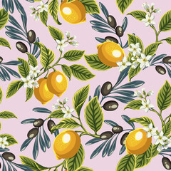 Lemon seamless pattern vector illustration. Lemons and olives colorful pattern in hand drawn doodle style. Perfect for fabric prints, ceramic, fashion design or wrapping paper. Black background 