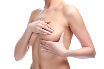 Woman controlling her breast for cancer against a white background, isolated. Female healthcare concept