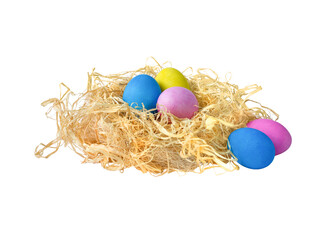 Fototapeta na wymiar A nest of colorful easter eggs with straw on white background.