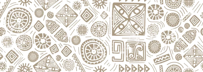 Ingelijste posters Afrikaanse Motieven Hand drawn african seamless pattern, tribal motifs vector illustration. Mexican texture with retro doodle ornaments. Abstract decoration with traditional creative artwork. Inca symbols pastel colors.  © ngupakarti