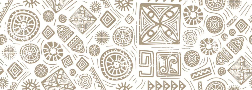 Hand drawn african seamless pattern, tribal motifs vector illustration. Mexican texture with retro doodle ornaments. Abstract decoration with traditional creative artwork. Inca symbols pastel colors.
