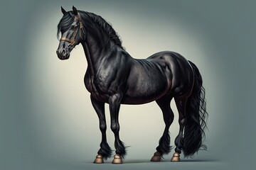 image of a black horse in a panoramic portrait pose, cartoonish. Generative AI