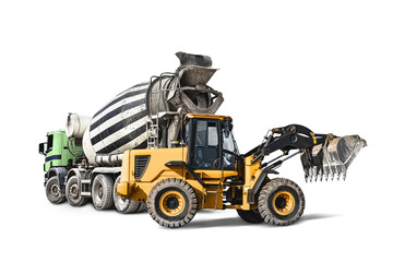Concrete mixer truck and bulldozer loader close-up on a white isolated background.Construction...