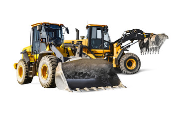 Two heavy front loaders or bulldozers on a white isolated background. Construction equipment and transport. Transportation and movement of bulk materials. Excavation. Element for design.