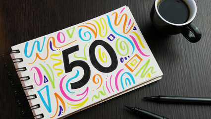 Naklejka premium No 50 lettering with colorful motifs in notebook with cup of espresso and pens on black wooden table