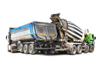 Concrete mixer and dump truck close-up on a white isolated background.Construction equipment for earthworks. construction equipment group. element for design.