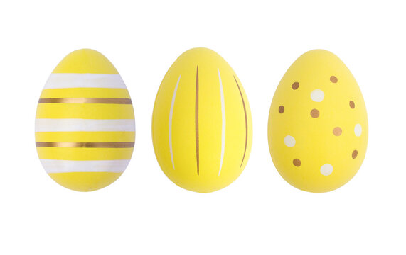 Three yellow easter eggs isolated on white background