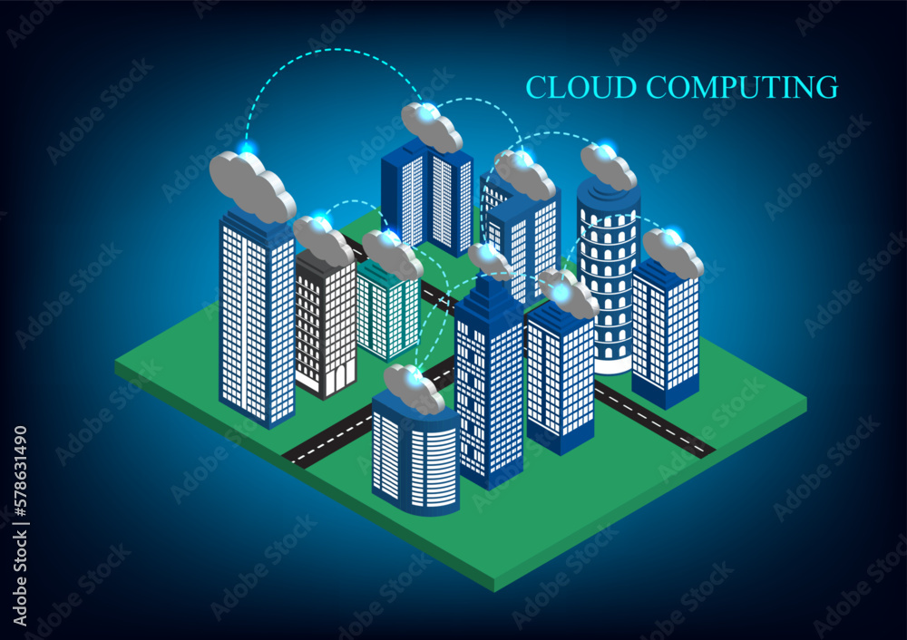 Aufkleber the isometric flat 3d city with skyscrapers and clouds concept network technology cloud computing da