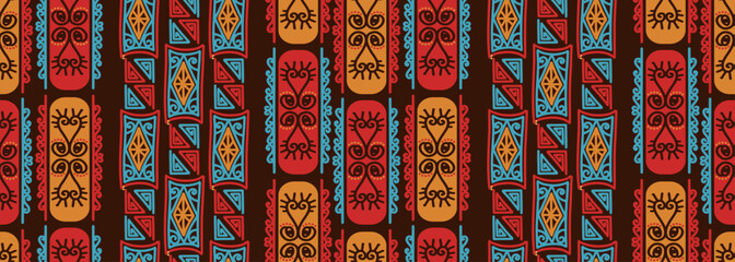 Kalimantan ethnic pattern, traditional fabric from Indonesia, hand drawn ornaments motif, Vector illustration batik emblem design, stripes vertical design. Good for fashion textile print.