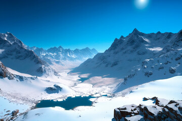 Sky-High View of Snow-Capped Mountains Against Crisp Blue Sky. Winter Wonderland, Alpine Majesty, Scenic Vista.