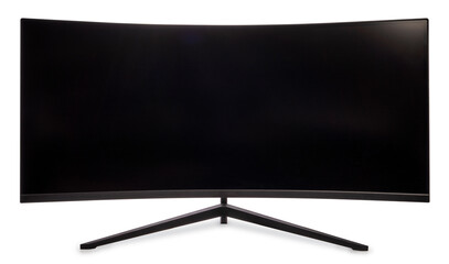 Ultra wide curve lcd monitor screen isolated on white background, Front view of television or...
