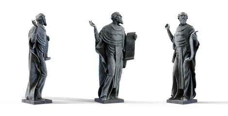 Collection of three Sculpture of an old man in a mantle with a scroll png isolated with transparent background