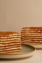 Honey cake dessert piece. Layered cake