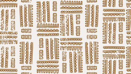 seamless african doodle stripes drawing pattern, Vector hand drawn brown on white background, texture old ornament decoration.