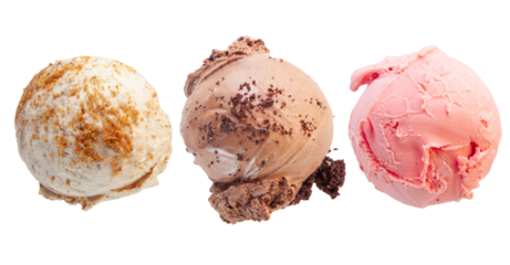 Vanilla lotus biscuit chocolate brownie and strawberry gelato ice cream isolated on white background. 