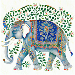 pattern Mughal peacock elephant painting on white background with AI Generative Technology
