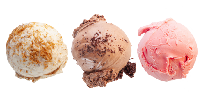 Vanilla lotus biscuit chocolate brownie and strawberry gelato ice cream isolated on white background. 