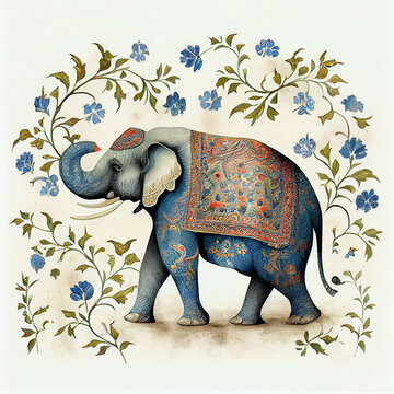 pattern Mughal peacock elephant painting on white background with AI Generative Technology