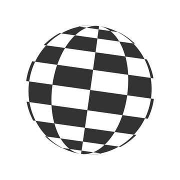 Checkered globe. 3D sphere icon. Orbit model, spherical shape. Ball with black and white squered pattern. Round chessboard figure