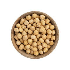 roasted hazelnuts in wooden bowl, crisp toasted nuts of hazel, shelled whole seeds of cobnuts or filbert nuts, macro food photo, close up from above isolated on white background