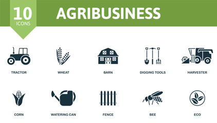 Agribusiness set. Creative icons: tractor, wheat, barn, digging tools, harvester, corn, watering can, fence, bee, eco.
