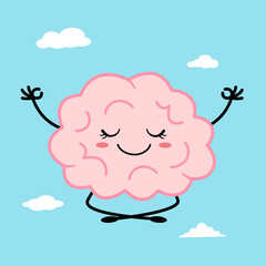 Cute brain meditating cartoon character in flat design. Mental health. Mindfulness.